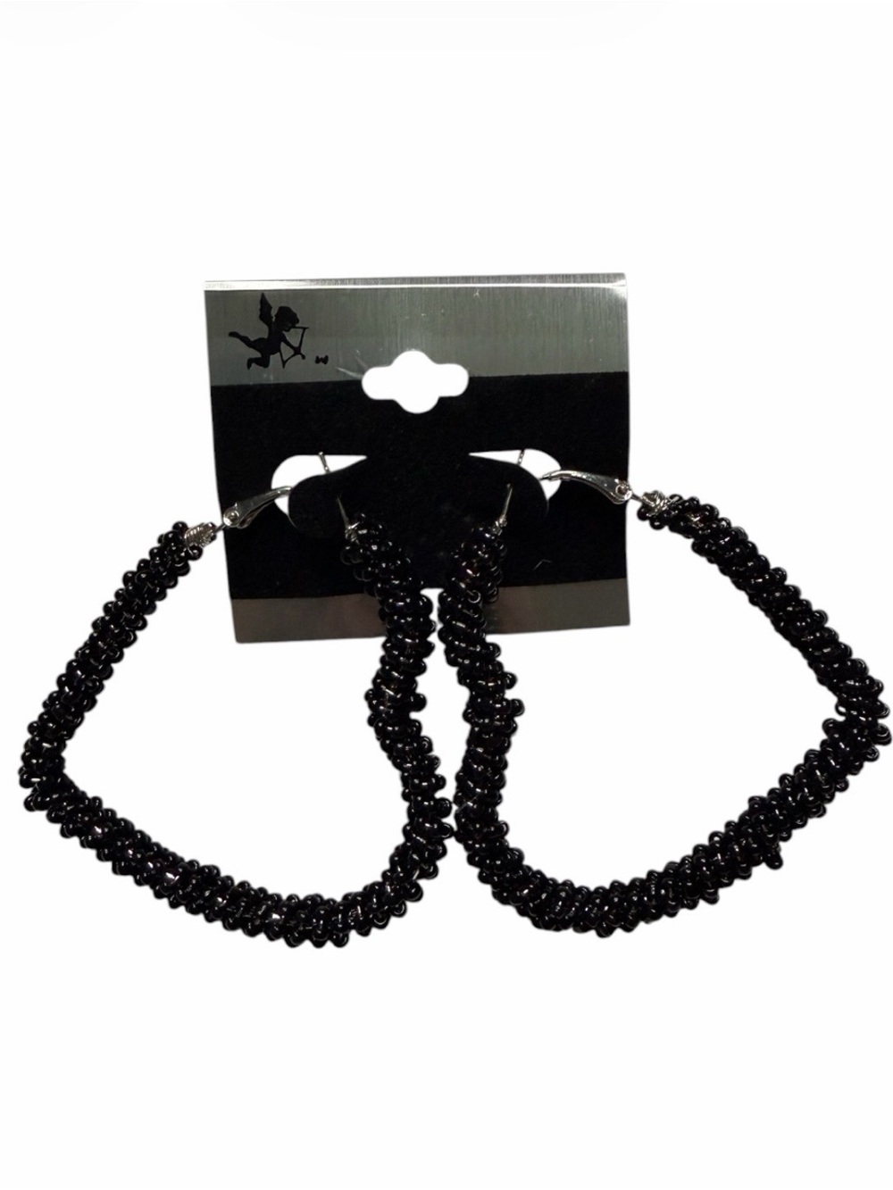 Black Metal Bead Chained Heart Dangle Earrings